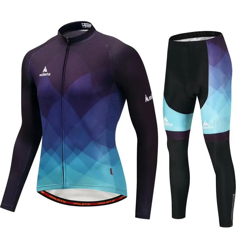 Long Jersey Set Темно-синий весна осень команда длинный рукав Велоспорт Джерси Набор Ropa Ciclismo дышащий гоночный велосипед одежда MTB для велосипеда гелевая Подушка - Цвет: Long Jersey Set