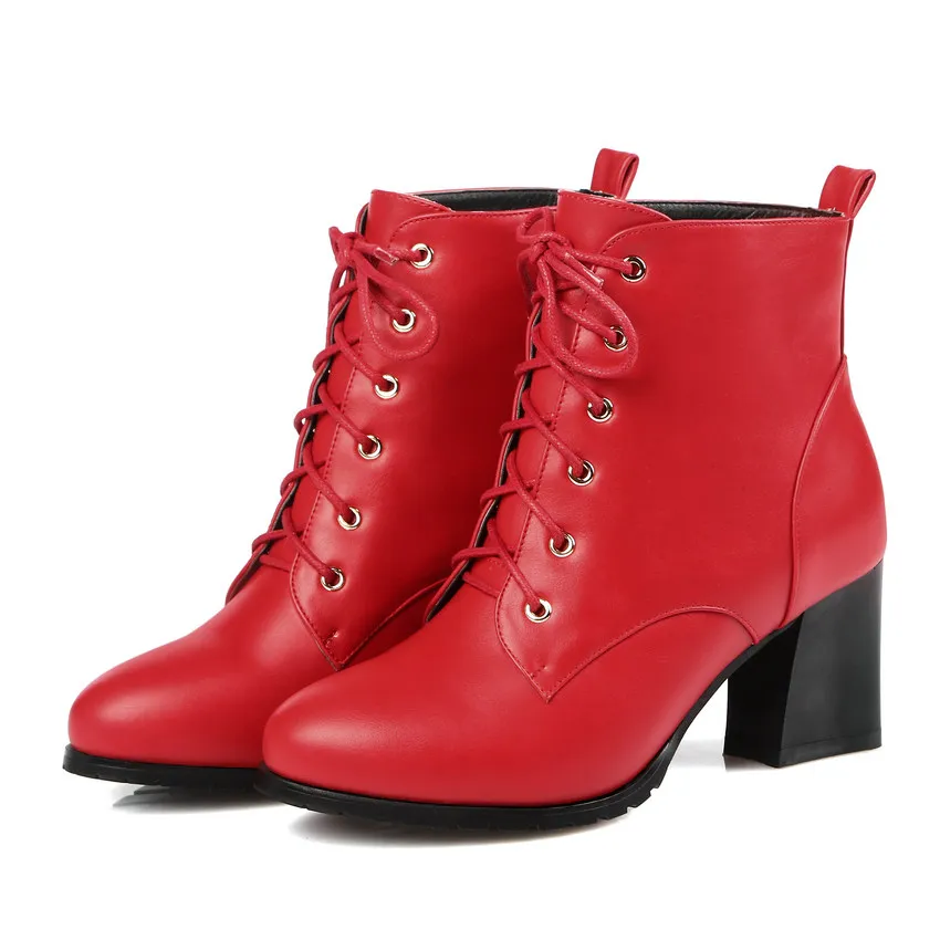QUTAA/ г. Женские ботильоны модная обувь с острым носком, на шнуровке, из искусственной кожи, на платформе, на высоком квадратном каблуке женские ботинки большой размер 34-43