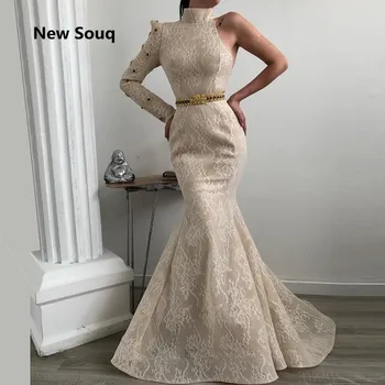 

Elegant Lace Mermaid Evening Dresses High Neck One Shoulder Long Sleeves Arabic Evening Gowns 2019 Custom Made Prom Dress