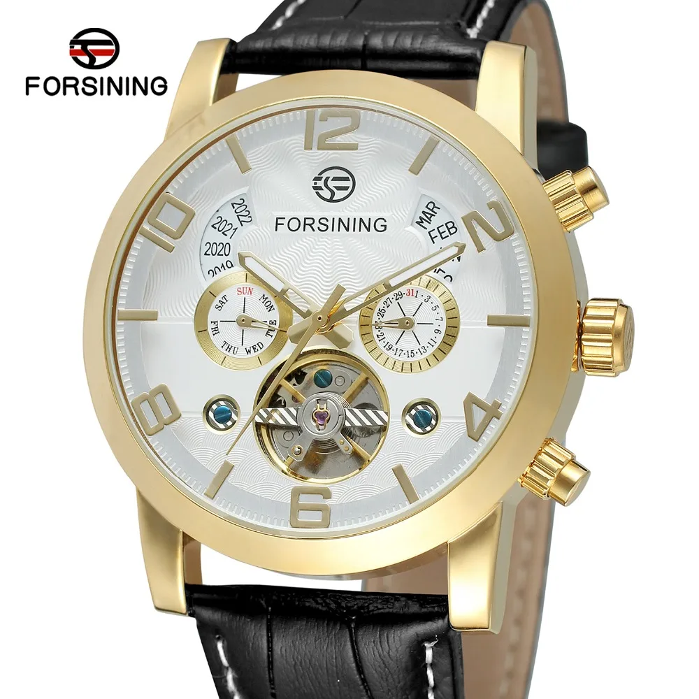 Мужские часы Forsining с турбийоном и календарем, мужские часы с автоматическим перемещением, ремешок из натуральной кожи, лучшие продажи, наручные часы