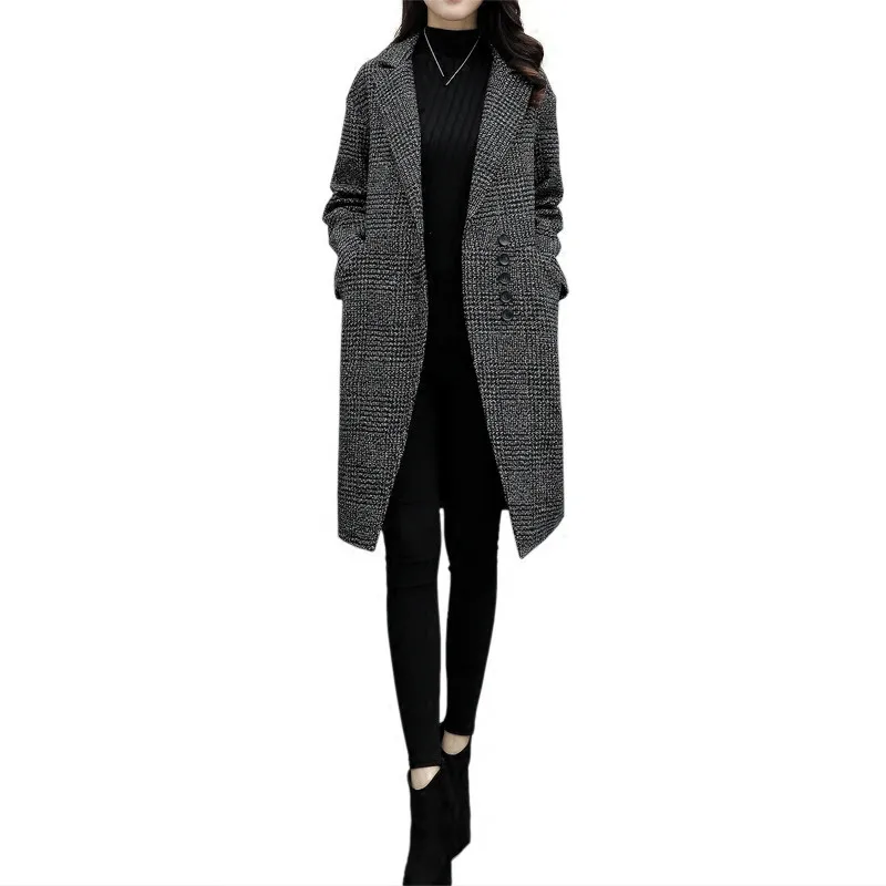 Manteau Pardessus Poitrine Mode Unique Nouveau Femmes Coréenne Femelle De coffee Plaid Laine Hiver Poche 2018 Long Noir Automne xZw1qqUI