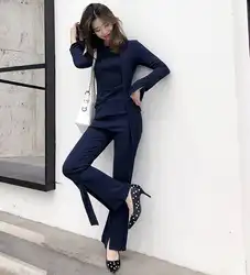 Женские офисные весенние брюки костюмы для женщин синий выдалбливают с длинным рукавом укороченный + мода OL Раздвоенная вспышка длинные