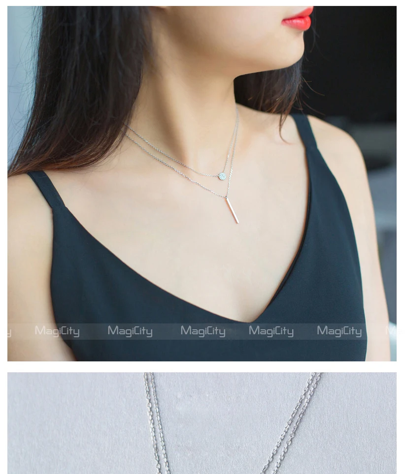 New 2018 Women's Fashion 100% 925 Real Sterling Silver Minimalist Jewelry Sex 2 Layers Pendant Chokers Necklace Gift Girl Lady (1)