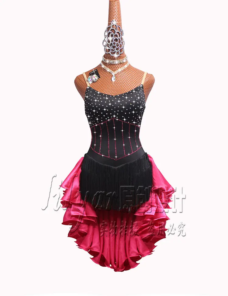 

Latin dance competition dress performance dress new high-grade black tassel skirt rose red skirt