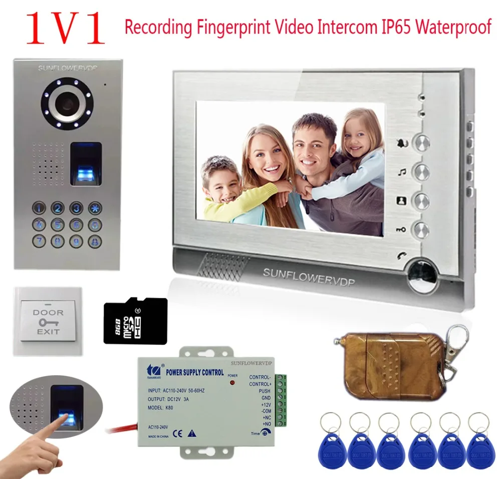 

Video Recording Intercom Video Doorbell 7" Color Monitor Home Intercom Fingerprint/Rfid/Code Keypad Video Calls+Remote Control