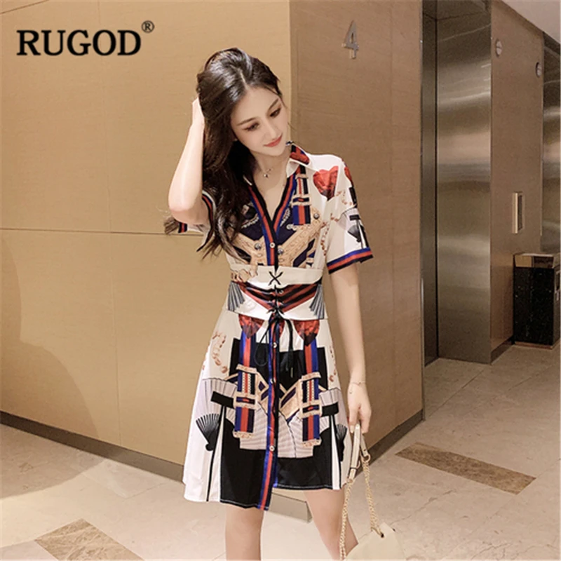 

RUGOD 2019 New Arrival Women Dress Turn-down Collar Half Sleeves Single-breasted Tunic A-line Vestidos Temperament Floral Dress