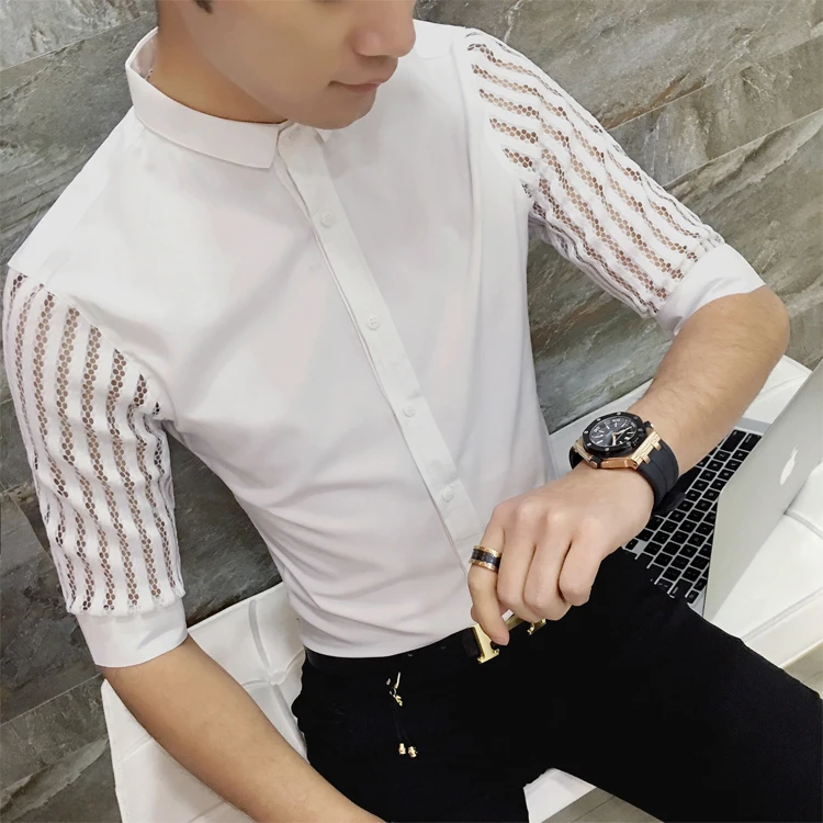 Men See Through Shirt Black White Prom 