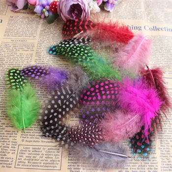 

25pcs Guinea Fowl Spotted Feather Craft Chicken Feather Beautiful Gull Hair Extension Feathers for Home Decor Length 5-10cm