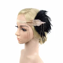 Женские винтажные 1920s Хлопушки из бисера перо арт деко вдохновил украшение для волос флэппер Шампанское Черный Гэтсби повязка на голову с перьями