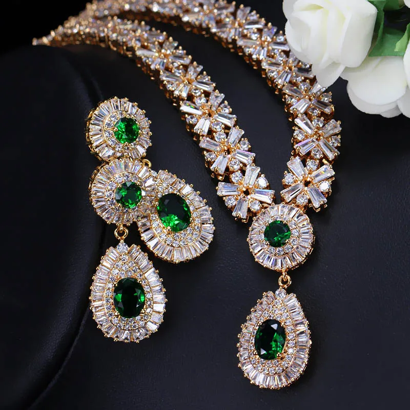 BeaQueen Luxury CZ Stone Paved Red Garnet Austria Crystal Statement Necklace Earrings for Women Wedding Jewelry Set JS059 - Окраска металла: Gold Green