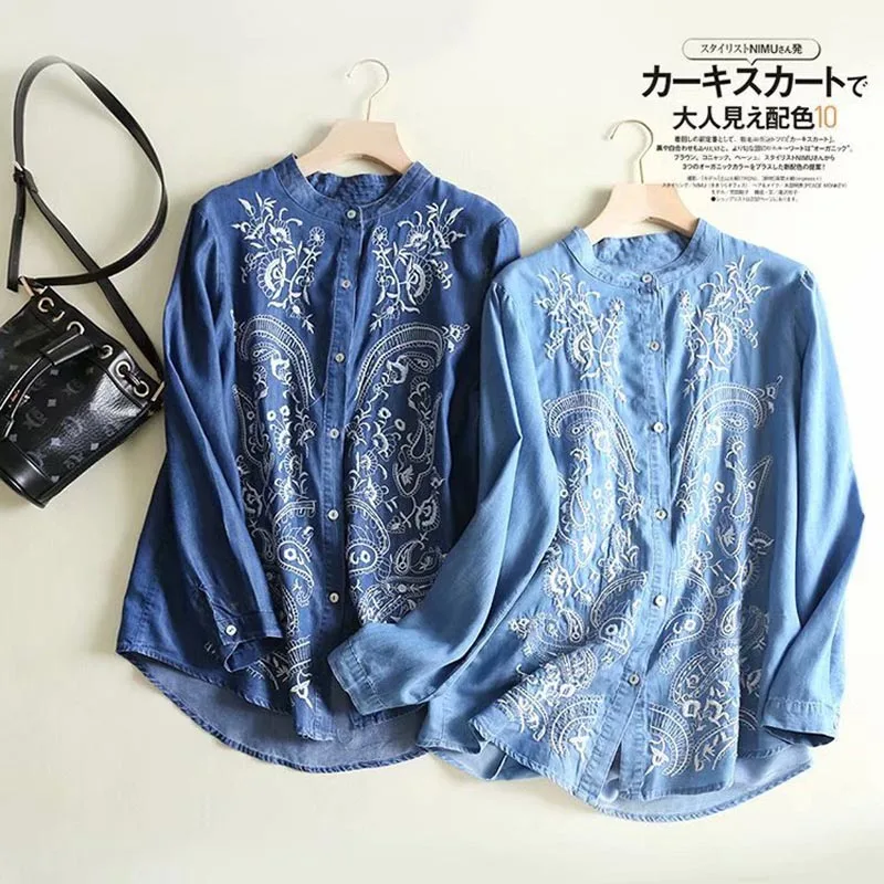 

L407 European Design Stand Collar Symmetrical Embroidery Floral Shirts Tencel Blouse Tops