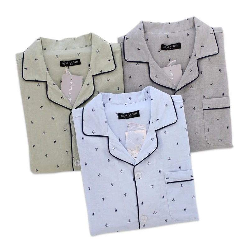С коротким рукавом в морском стиле мужские пижамы наборы 100% хлопок летние простые мужские большие размеры повседневная одежда для сна
