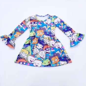 

2018 Wholesale Kids Girl Dress Cartoon Pattern Printed Round Collar Fall Winter Baby Dress Long Sleeve Ruffle Clothing Milksik