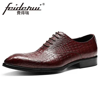 

Luxury Real Genuine Leather Men's Oxfords Pointed Toe Man Wedding Party Flats Formal Dress Alligator Pattern Male Shoes FHS126