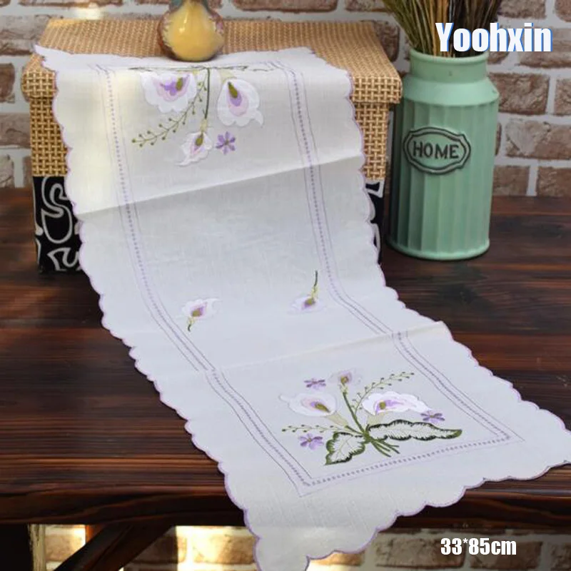 

33*85CM Modern white Cotton Embroidery bed Table Runner cloth cover dining Lace tea coffee tablecloth hotel home Wedding decor