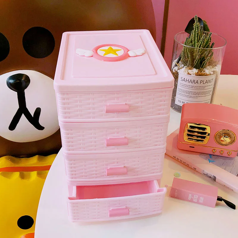 Pink Cartoon Girl Cosmetic Storage Box Dressing Table Desktop Jewelry Lipstick Makeup Organizer Drawer Sundries Container