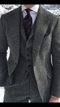 Ceny 2018 Najnowsze Wzory Płaszcz Pant Palenia Szary Tweed Mężczyźni Garnitur Kurtka Prom Tuxedo Slim Fit 3 Sztuka Niestandardowe Pan Młody Blazer Garnitury Ternos