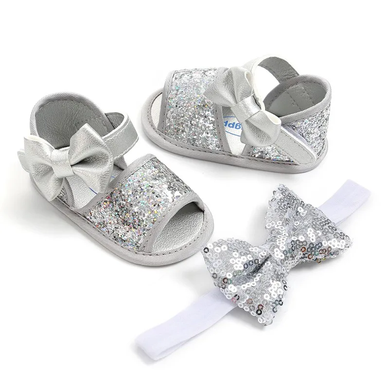 Обувь для новорожденных девочек; комплект из 2 предметов с бантиком и повязкой на голову для малышей; милые младенцы; обувь+ повязка на голову