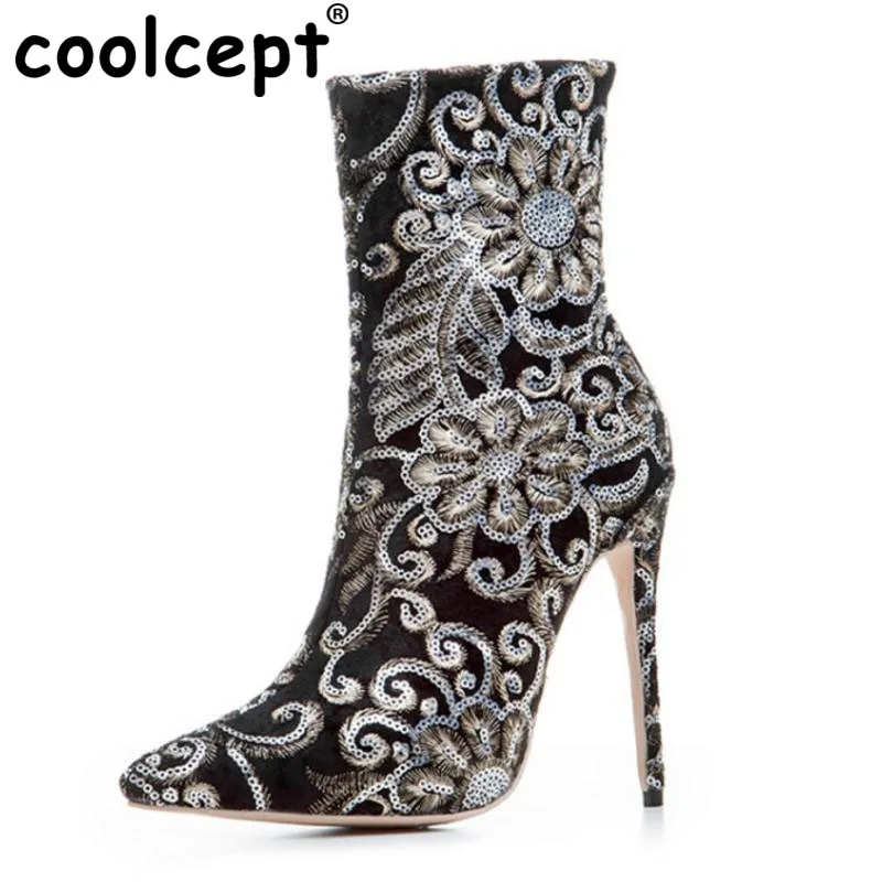 

Coolcept Size 33-43 Women Brand Shoes Mid Calf High Heel Boots Flower Beading Half Embroidery Short Botas For Woman Footwears