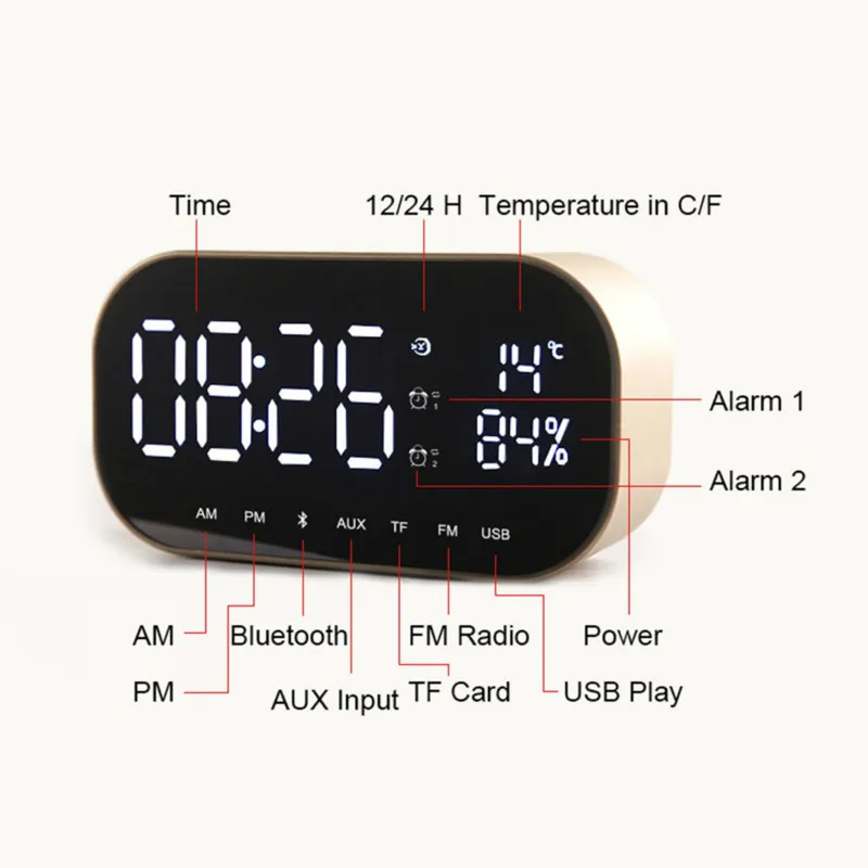  Reloj despertador LED con Radio FM Altavoz Bluetooth inalámbrico pantalla espejo soporte Aux TF rep