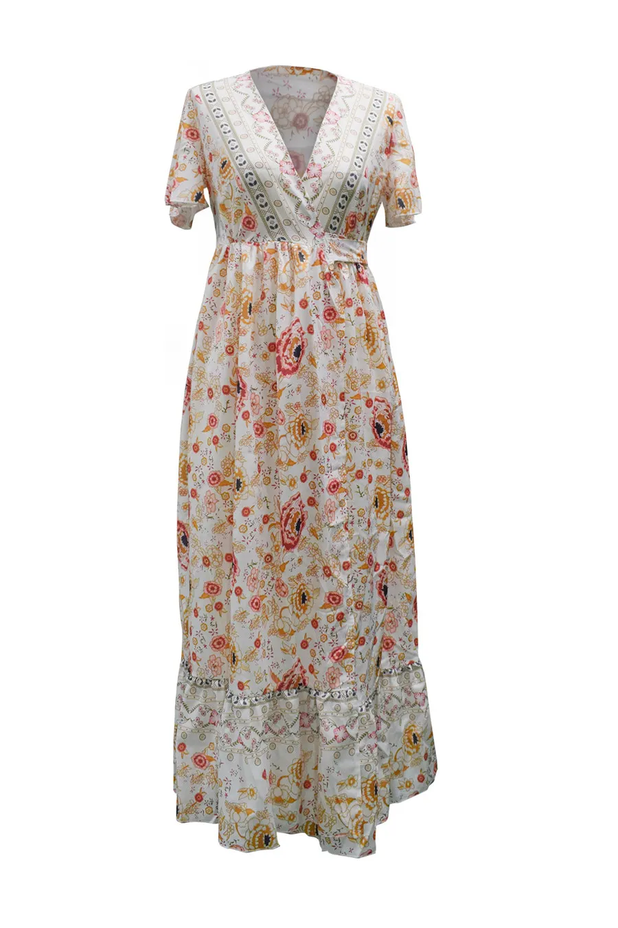 Gladiolus Bohemian Women Summer Dress Short Sleeve V Neck Floral Print Belt Tunic Split Sexy Beach Dresses Women 2019 Maxi Dress (16)