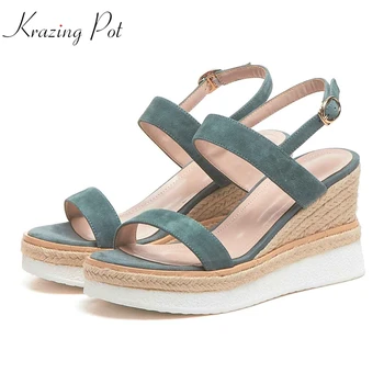 

Krazing Pot sheep suede solid color peep toe superstar buckle straps super high heels straw fairy design platform sandals l46