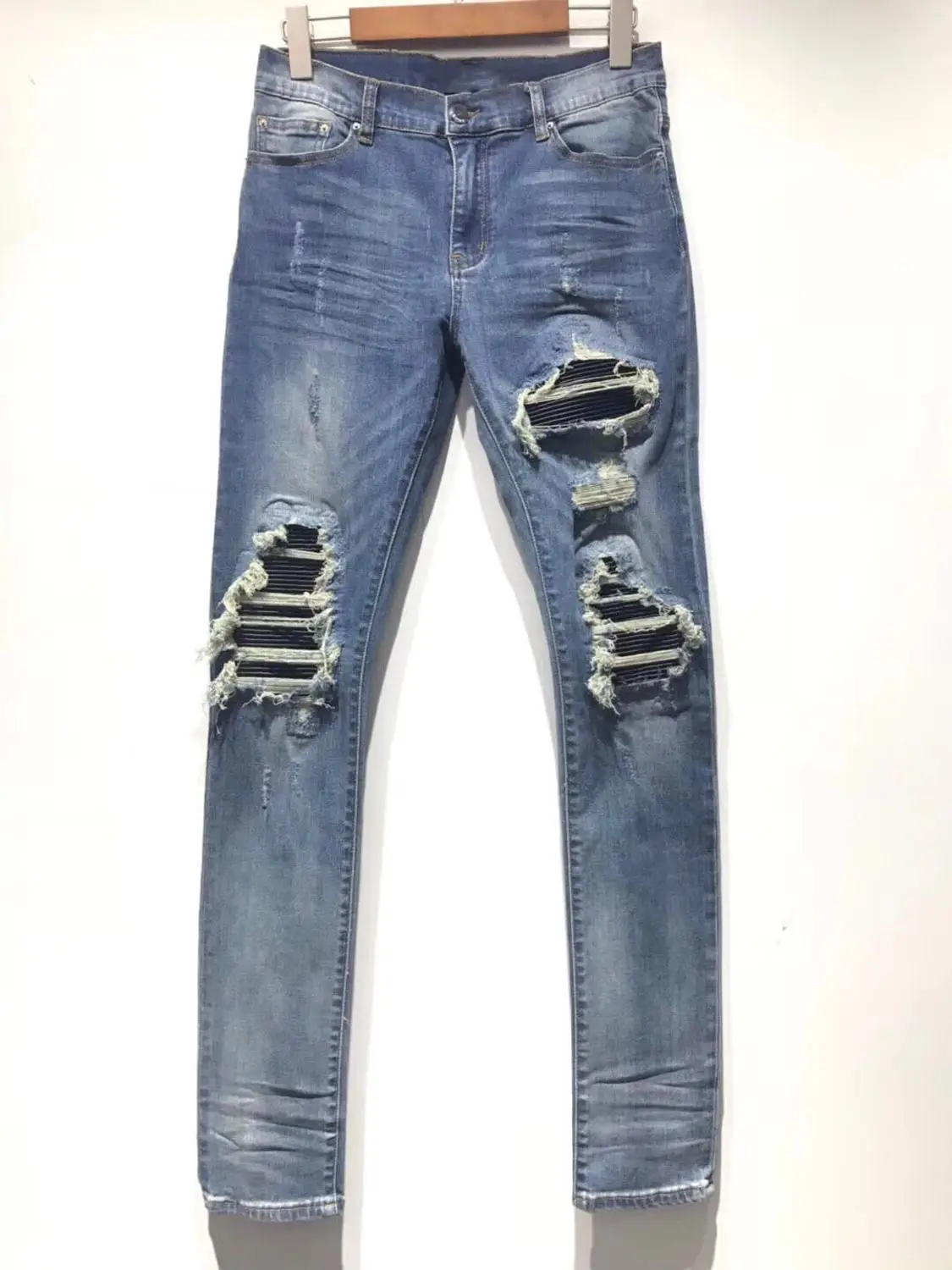 

men pu leather ribbed patch skinny distressed jeans
