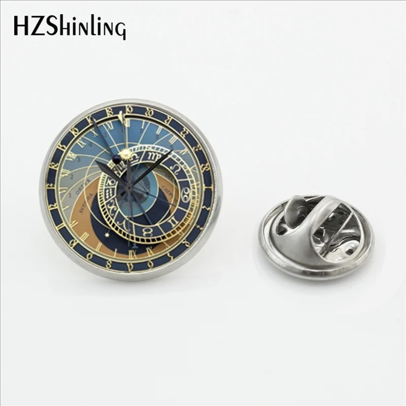 

2017 New Astronomical Clock Lapel Pin Handmade Prague clock Butterfly Clasp Pin Glass Dome Shirt Stainless Steel Collar Pin