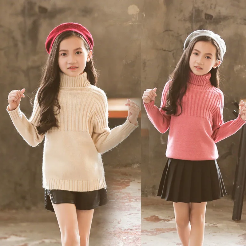 

knitted high neck baby girls winter tops long sleeve knitting autumn winter sweater girl black biege pink school clothing 2018