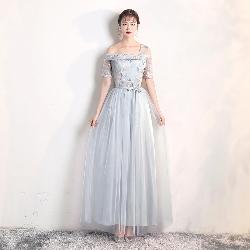 

Blue Grey Colour Bridesmaid Dresses Yarn Mesh Embroidery Wedding Dress Party One Shoulder Back of Bandage