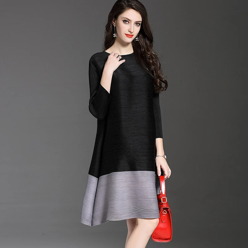 

Changpleat 2018 spring Loose women Dress miyak Pleated Design Fashion O-neck Stitching A-line Large Size Female Mini Dresses D09