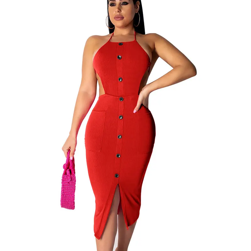 

Summer Dress Robe Femme Vestidos Robe Vintage Pure Color Halter Strappy Backless Ankle Party Dresses