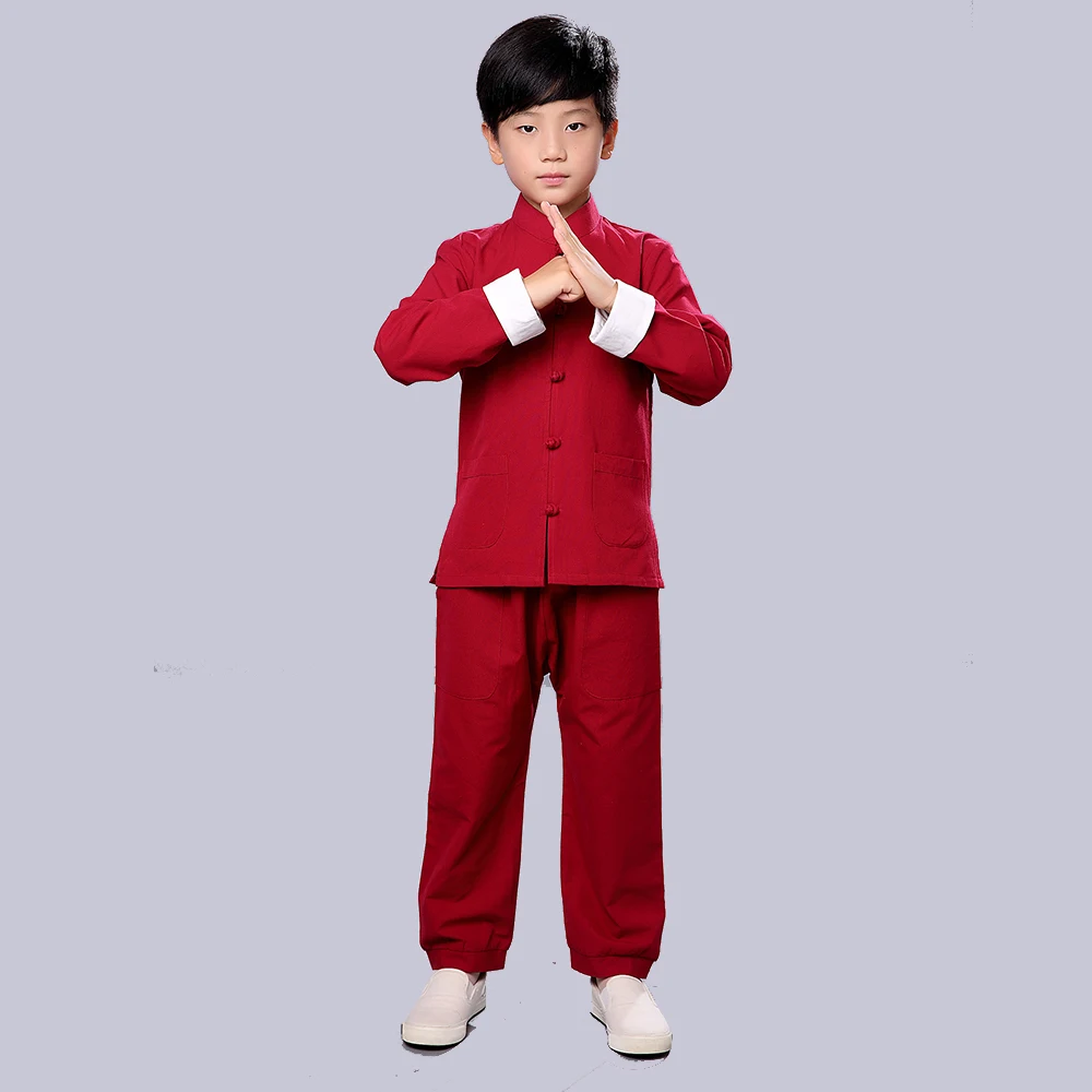Детская одежда с длинными рукавами кунг-фу костюм хлопок Обувь для мальчиков одноцветное Традиционный китайский Наборы для ухода за кожей тай-чи равномерное солнцезащитный Ят-сена форма yzt0824