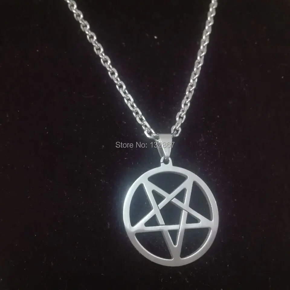 

Silver Tone Stainless Steel Pagan Wicca Inverted Star Pentagram Pendant Necklace 22'' cross Chain