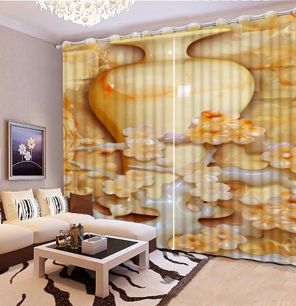

Custom Large Kitchen Curtains 3D Refined Lifelike Jade Vase flower Sheer Curtains Thickness 3D Blackout Curtains High Qualty