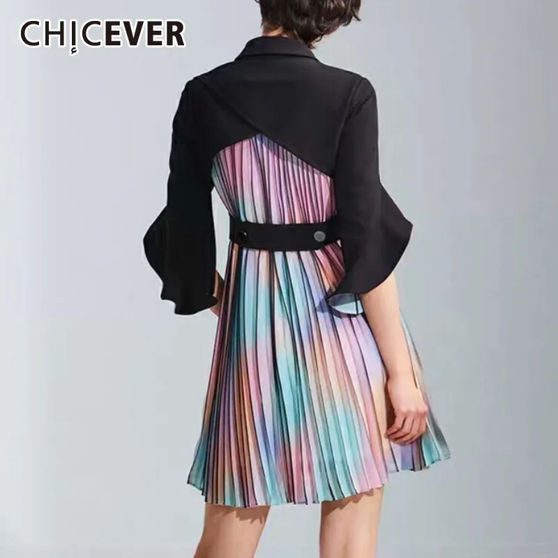 

CHICEVER Hit Color Patchwork Dress Women Flare Sleeve Lapel Collar High Waist Straight Dresses Female Fashion New 2019 Summer
