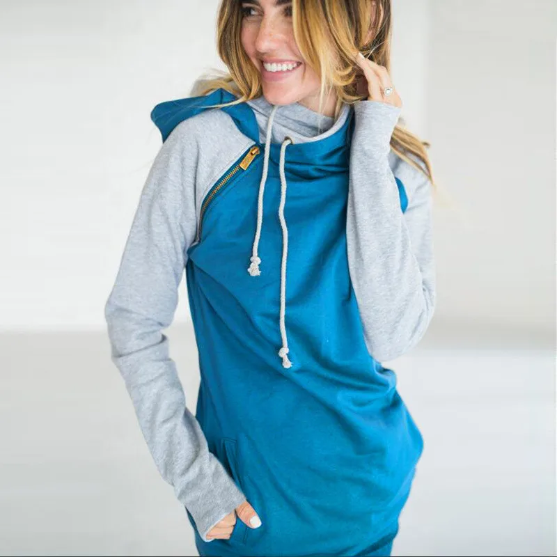  ELSVIOS 2017 Double hood hoodies sweatshirt Women Autumn Long Sleeve side zipper Hooded Casual Patc