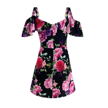 

Women Summer Loose Sexy V-Neck Off-shoulder Flower Print Slim High Waist Short Sleeve Dress