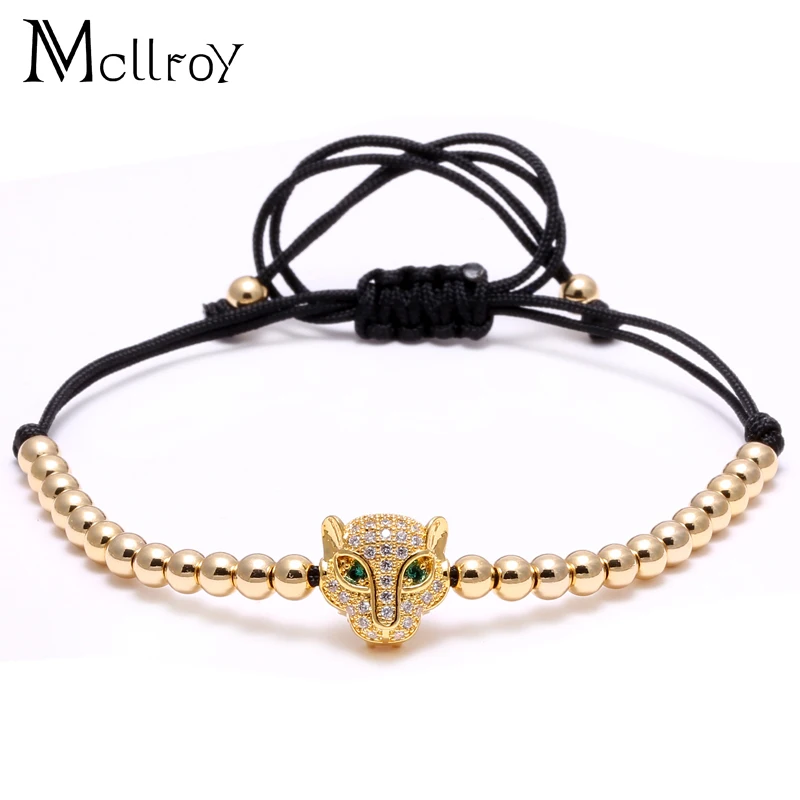 Mcllroy Silver Lion Head Leopard &Eyes Braiding Macrame Mens Bracelets with 4mm Round beads Bracelet