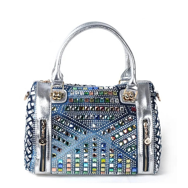 Us 70 0 New Arrival 2017 Brand Bags Multi Colored Diamond Denim Messenger Bag Lady Knit Leather Women Handbags In Clutches From Luggage