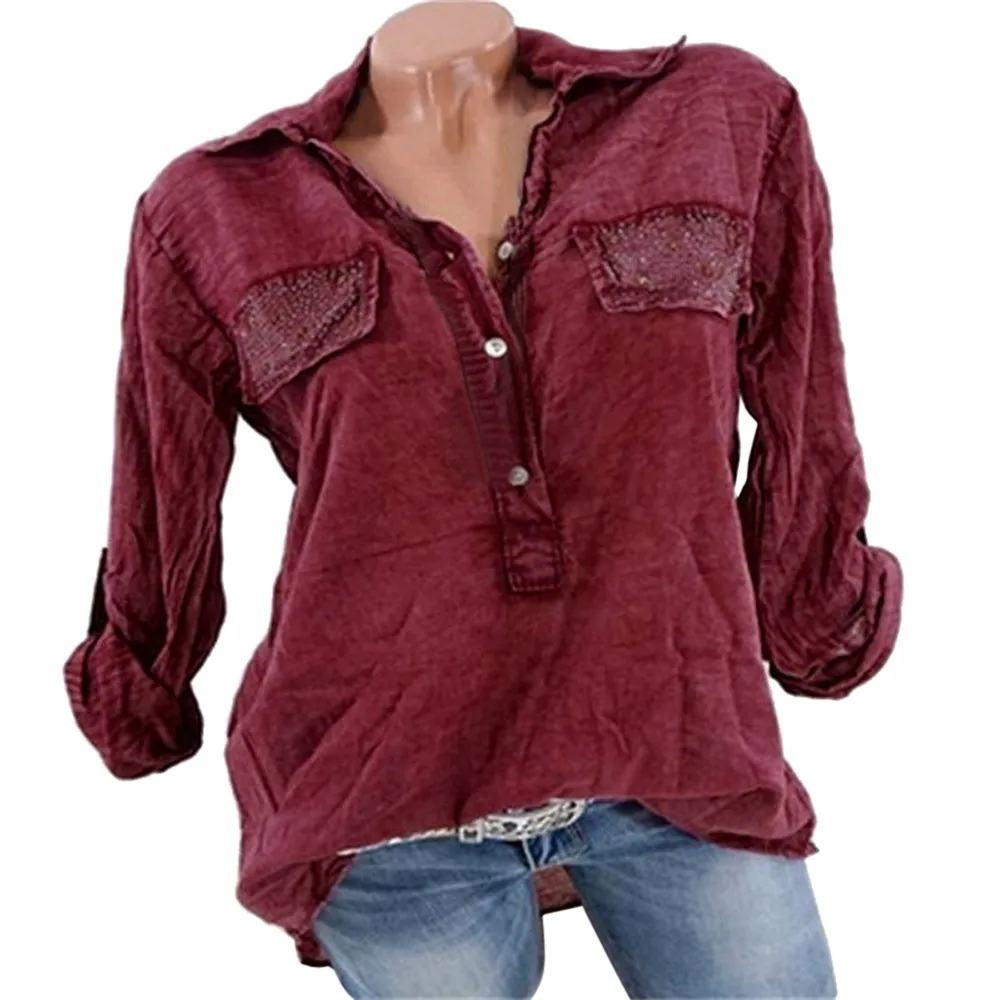 Good Female Shirt Top Women Button Three Quarter Sleeve Five-pointed Star Hot Drill Plus Size Tops Blouse Femme Printemps 2018 Women's Clothing