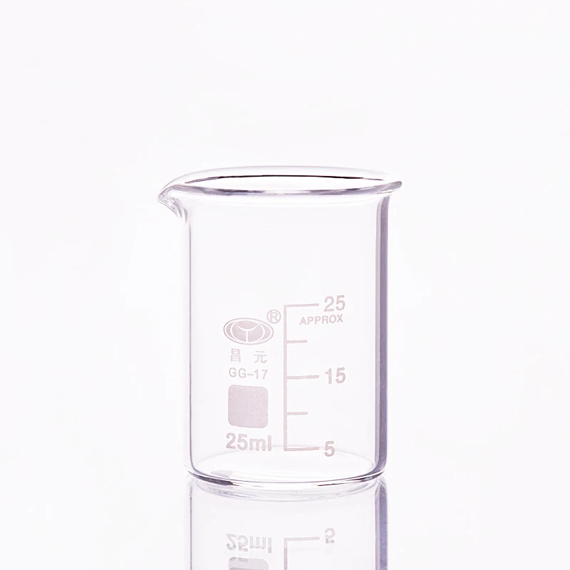 낮은 형태의 비커 5 개, 용량 25ml, 외경 = 34mm, 높이 = 50mm, 실험실 비커lab beakerbeaker