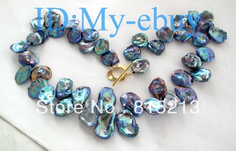 

FREE SHIPPING>>> HOT374 WOW 22mm Black Blue Rainbow Keshi KEISHI Petal Pearl Necklace