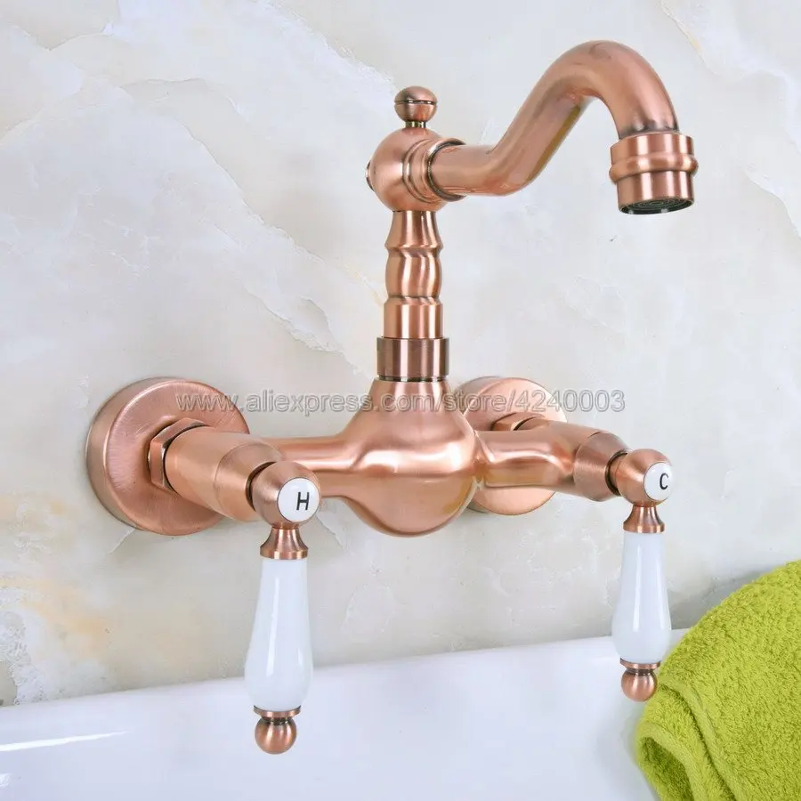 

Antique Red Copper Dual Handles Bathroom Kitchen Sink Faucets Wall Mounted Swivel Spout Kitchen Mixer Taps Kna949
