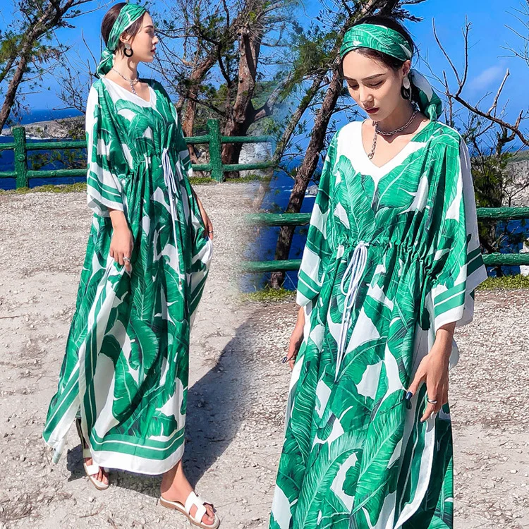 

Women Ethnic Summer V-neck Chiffon Print Strappy Loose Maxi Robe Dress Boho Beach High Waist Split Bat Sleeve Dress Vestidos