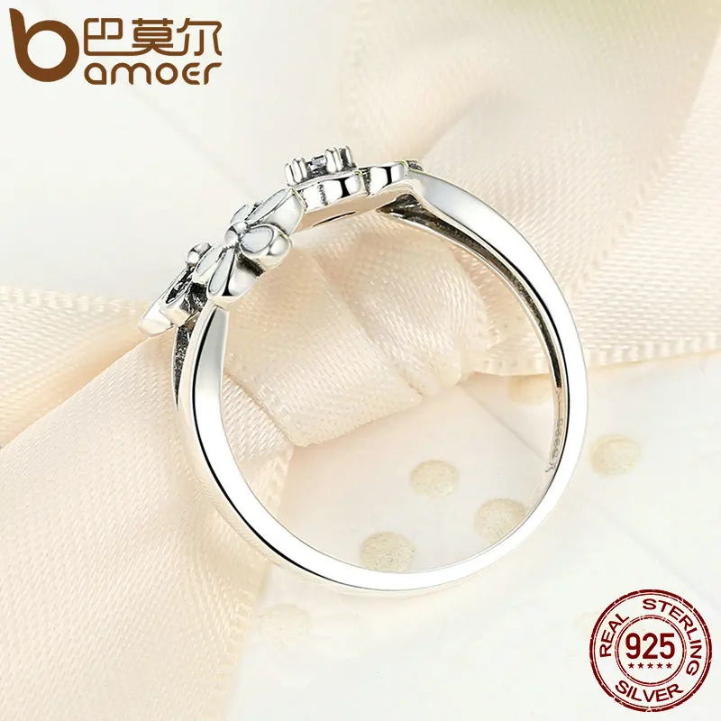 BAMOER Fashion 925 Sterling Silver Pink Flower Poetic Daisy Cherry Blossom Finger Ring for Women #6 7 8 9 Size Jewelry SCR004 silver ring silver rings