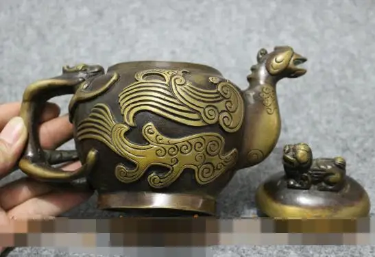 

S2112 7" Folk Chinese Bronze Collect Dragon Phoenix Head Lion Statue Teapot Wine Pot discount 30% (C0324)