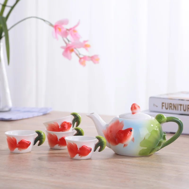 

1POT+6CUPS New 3D Color Enamel Goldfish Kung Fu Tea Set Ceramic Pot Mug Creative Kettle Cup