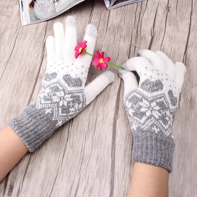 Зимние перчатки для женщин, тянущиеся вязаные для мужчин, варежки со снежинками, перчатки для экрана смартфона, шерстяные вязаные, унисекс, рождественские, Luvas