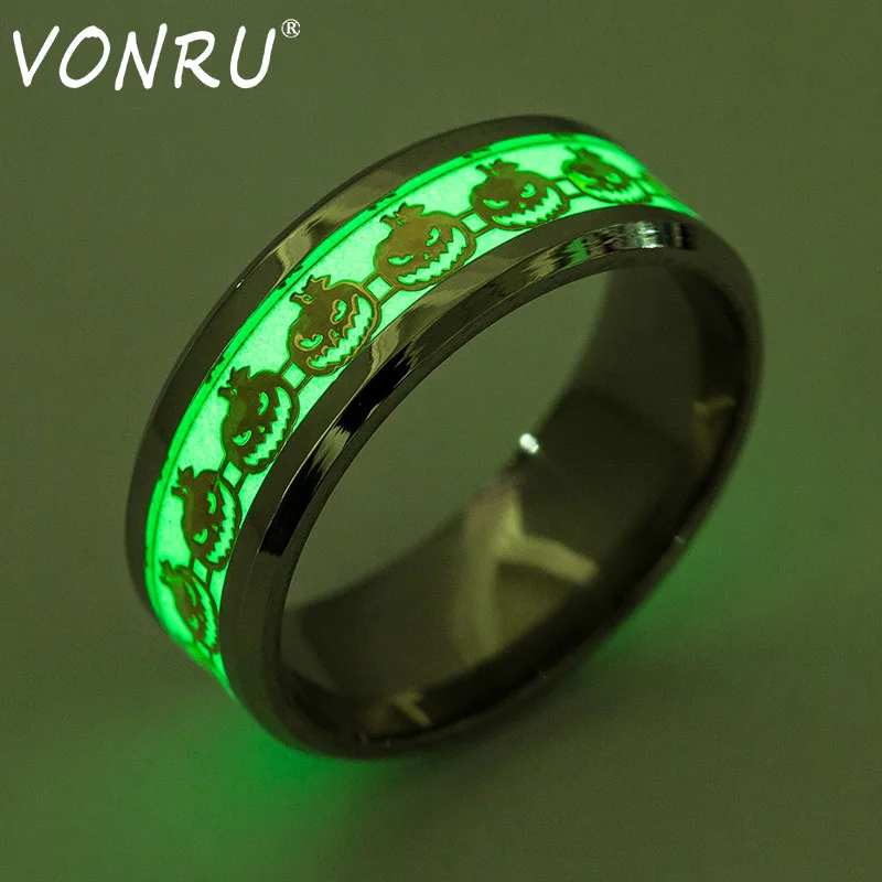 VONRU Halloween Luminous Ring Men Goldplated Stainless Steel Male Ring